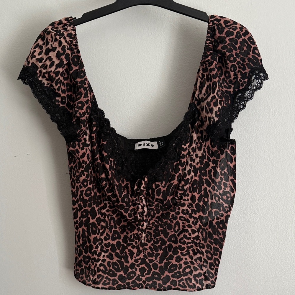 RIXO Leopard Print Top with Black Lace